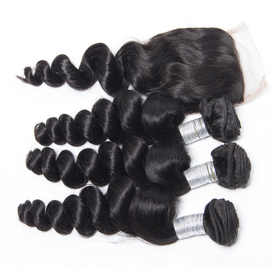 Luxury Loose Wave Bundles with a Lace Closure (14") - London Virgin Hair 